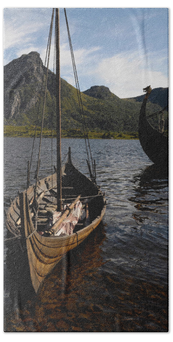 Bay Beach Towel featuring the photograph Viking ship in a fjord by Ulrich Kunst And Bettina Scheidulin