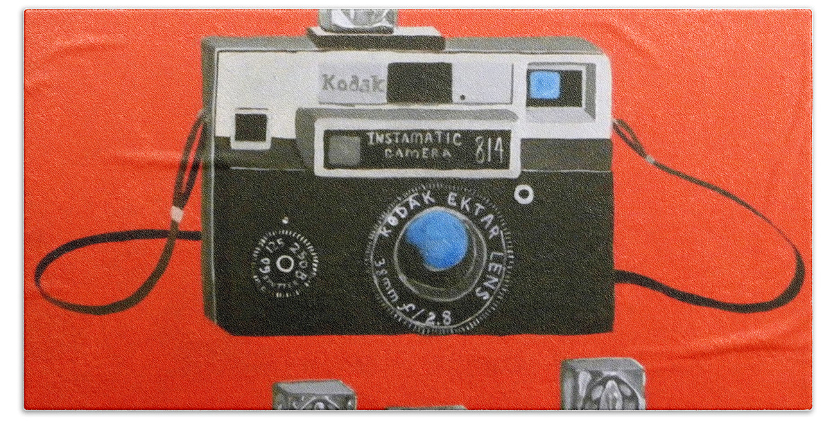 Camera Beach Towel featuring the painting Vintage Camera with Flash Cube by Karyn Robinson