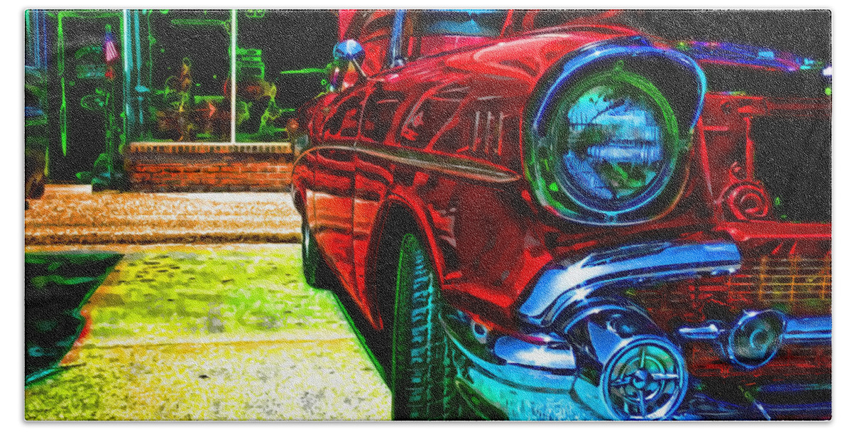 Red Chevrolet Beach Towel featuring the photograph Vintage Chevy Car Art Alley Cat Red by Lesa Fine
