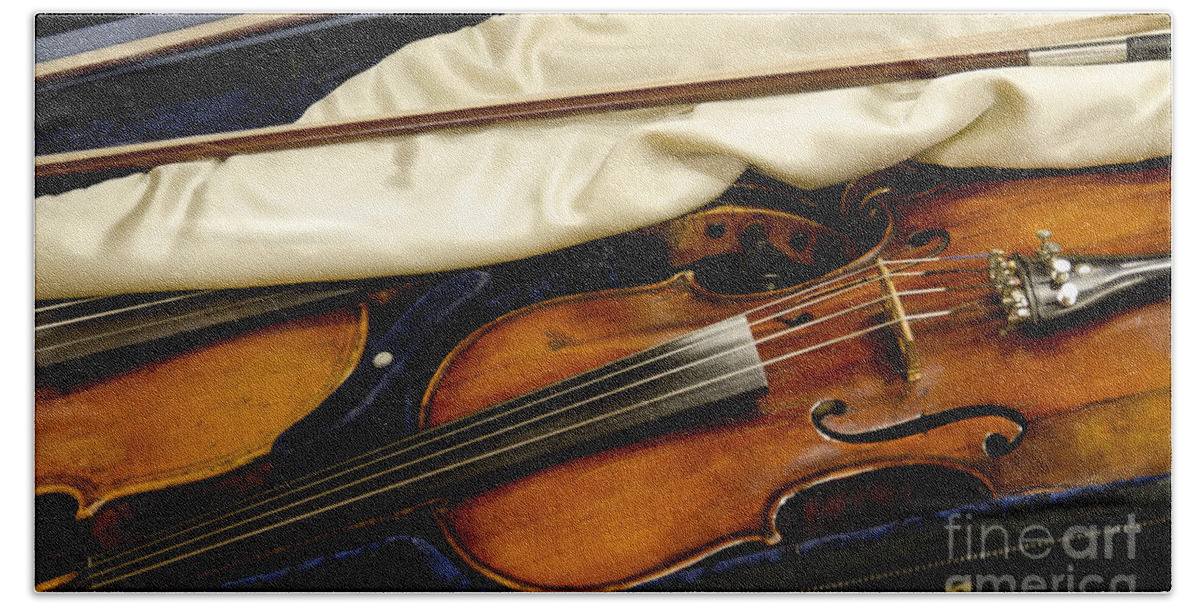 Fiddle Beach Towel featuring the photograph Vintage Fiddle in the Case by Wilma Birdwell