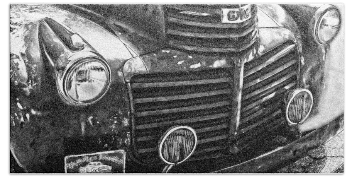 General Motors Beach Towel featuring the photograph Vintage GM Truck Frontal BW by Lesa Fine