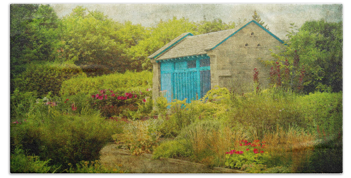 Garden Shed Beach Sheet featuring the photograph Vintage Inspired Garden Shed with Blue Door by Brooke T Ryan