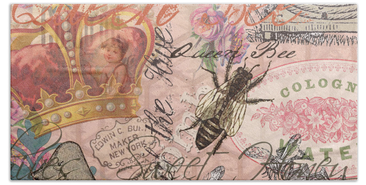 Doodlefly Beach Towel featuring the digital art Vintage Queen Bee Collage by Mary Hubley