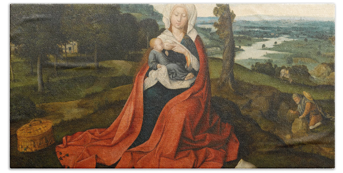 Workshop Of Joachim Patinir Beach Towel featuring the painting Virgin and Child seated before an extensive Landscape by Workshop of Joachim Patinir