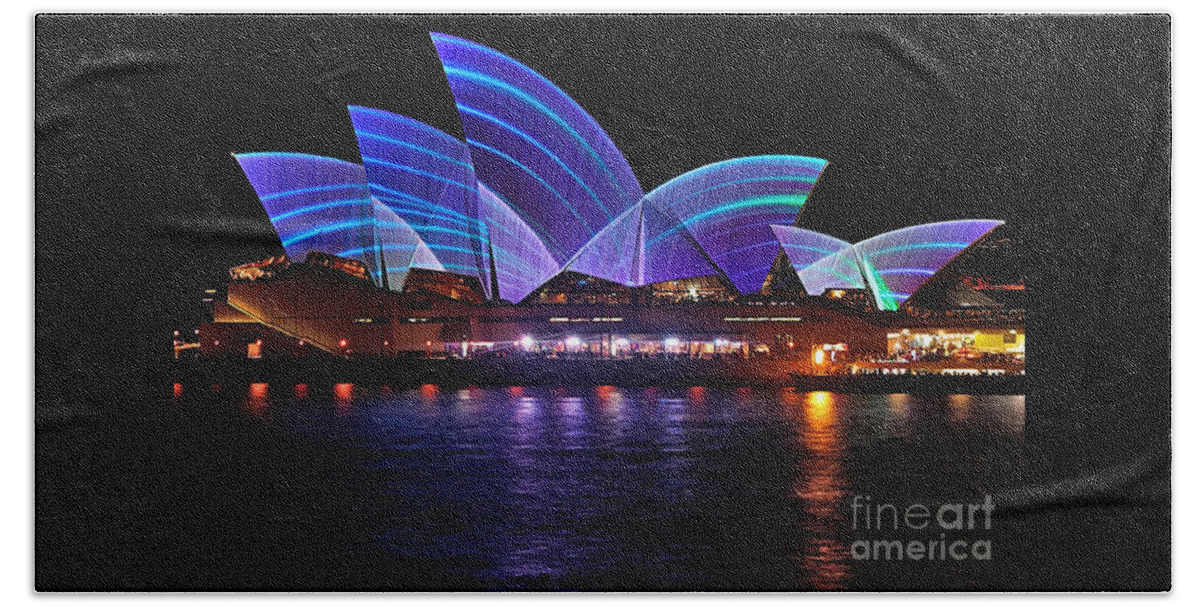 Photography Beach Towel featuring the photograph VIVID SYDNEY by Kaye Menner - Opera House ... Blue Lines by Kaye Menner