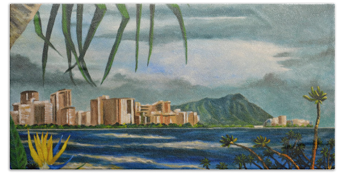 Diamond Head Beach Towel featuring the painting Waikiki View by Larry Geyrozaga