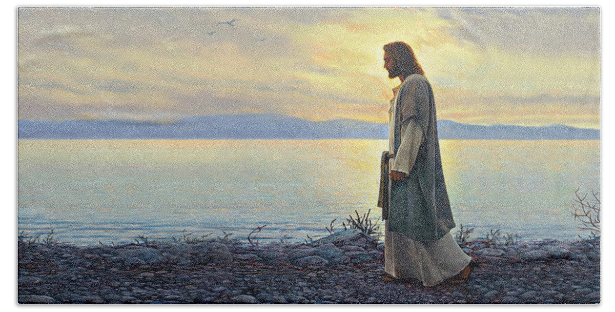 Jesus Beach Towel featuring the painting Walk With Me by Greg Olsen