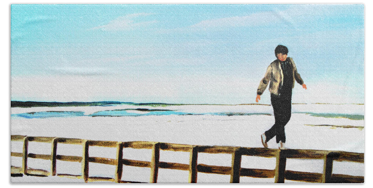 Boyhood Beach Sheet featuring the painting Walking On Fences by Pat Davidson