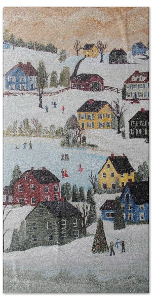 Grandma Moses Beach Towel featuring the painting Waltzing Snow by Virginia Coyle