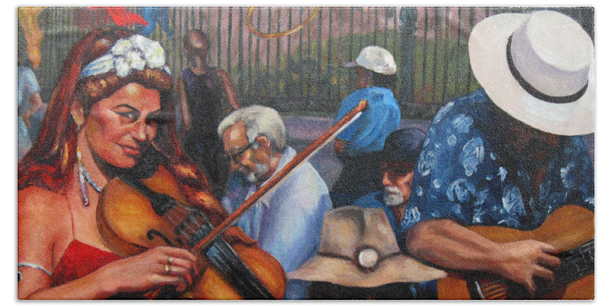 New Orleans Beach Sheet featuring the painting Washboard Lissa on Fiddle by Beverly Boulet