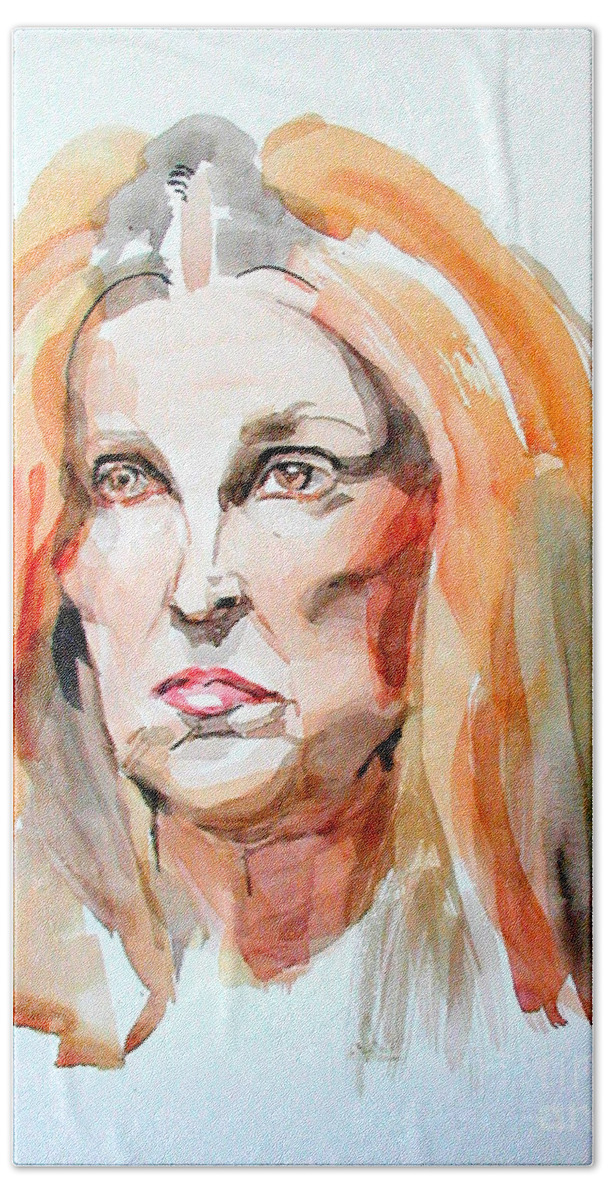 Watercolor Portrait Of A Woman Beach Towel featuring the painting Watercolor Portrait of a mad redhead by Greta Corens
