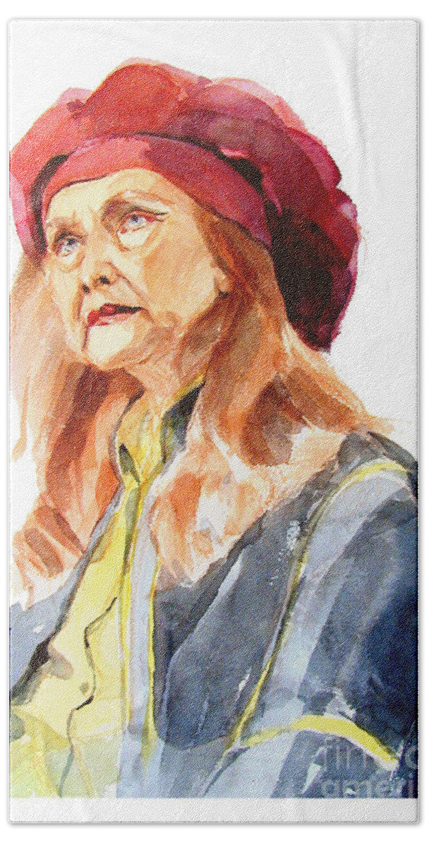 Watercolor Portrait Of Old Woman Beach Sheet featuring the painting Watercolor Portrait of an old lady by Greta Corens