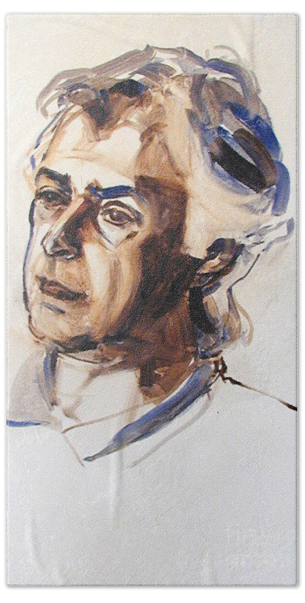Greta Corens Portraits Beach Sheet featuring the painting Watercolor Portrait sketch of a man in monochrome by Greta Corens