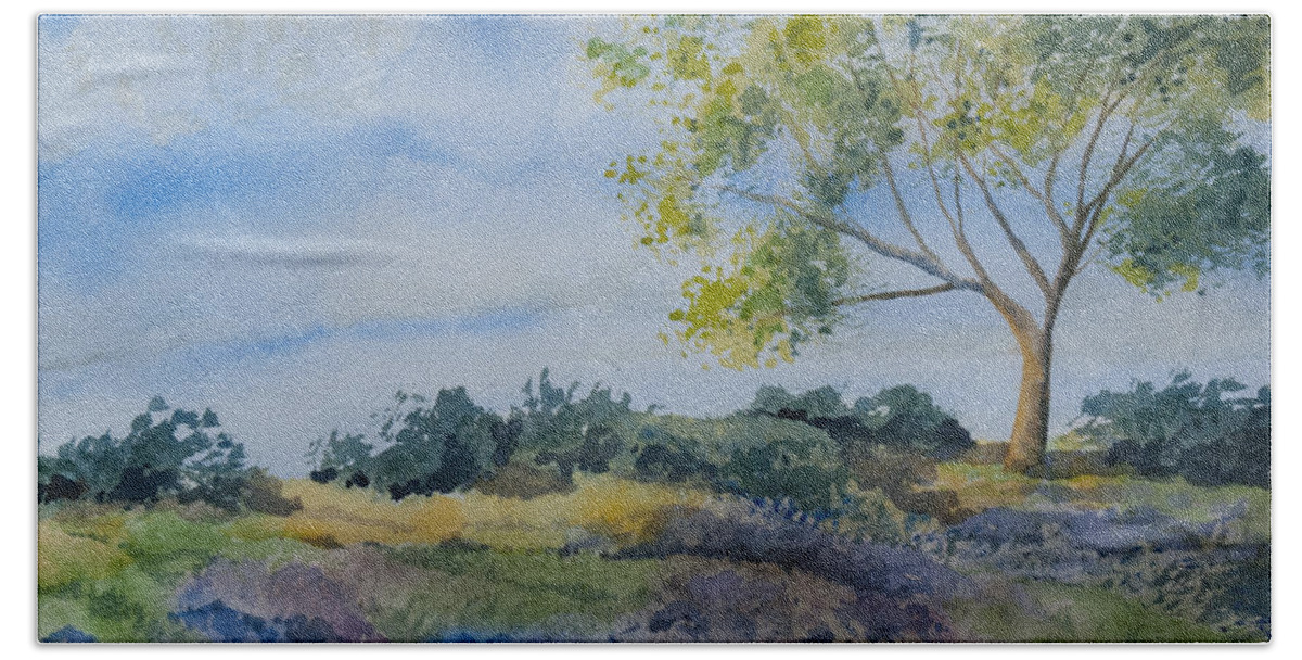 Original Watercolor Beach Towel featuring the painting Watercolor - Tree and Meadow by Cascade Colors