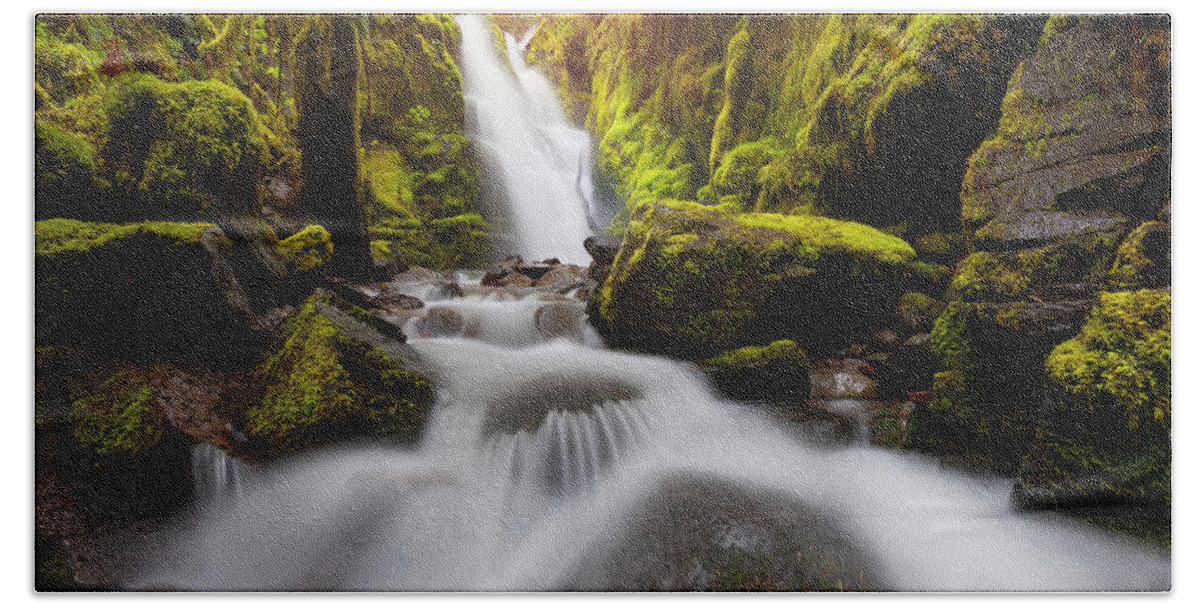 Waterfall Beach Towel featuring the photograph Waterfall Glow by Andrew Kumler