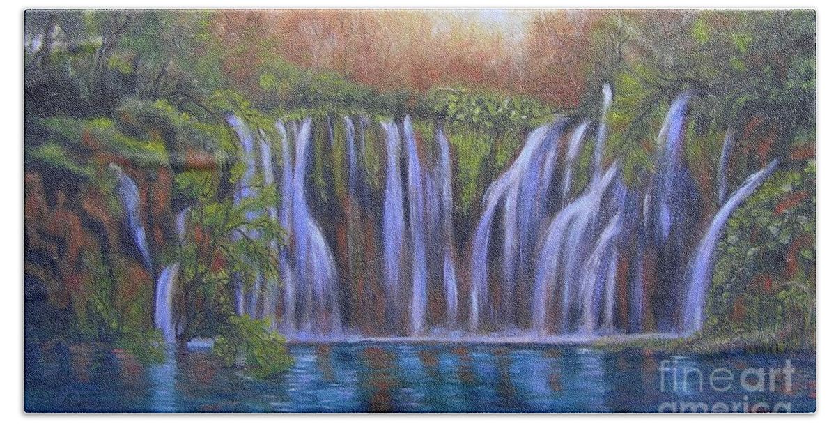 Waterfalls Beach Sheet featuring the painting Waterfalls - Plitvice Lakes by Vesna Martinjak