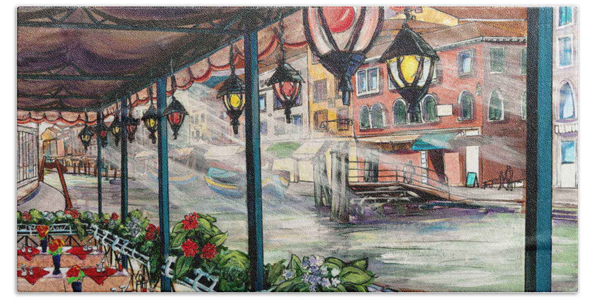 Tmgand Beach Towel featuring the painting Waterfront Cafe by TM Gand