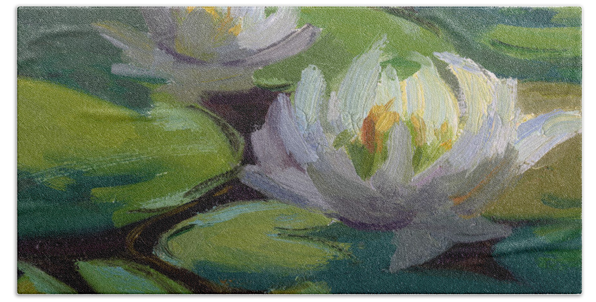 Waterlilies Beach Sheet featuring the painting Waterlilies at Martha Lake 1 by Diane McClary