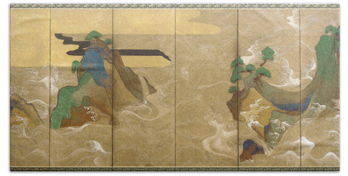 Tawaraya Sotatsu Beach Towel featuring the drawing Waves at Matsushima by Tawaraya Sotatsu