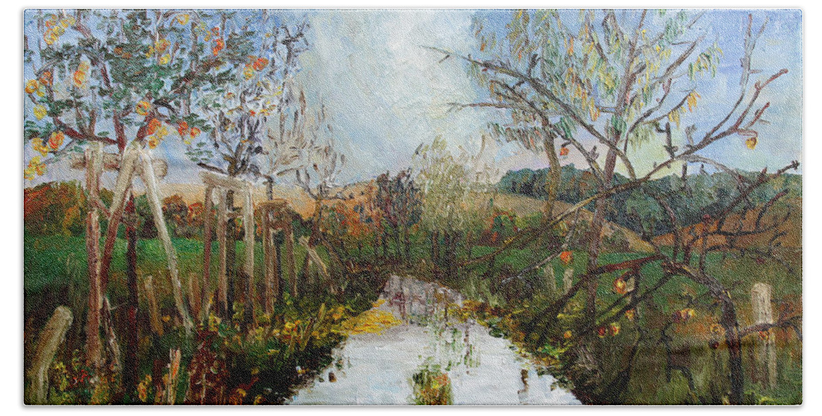 Fruit Tree Beach Towel featuring the painting Way Near Beselin After The Rain by Barbara Pommerenke