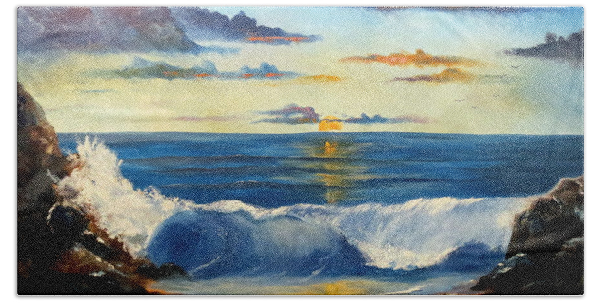 Seascape Beach Towel featuring the painting West Coast Sunset by Lee Piper