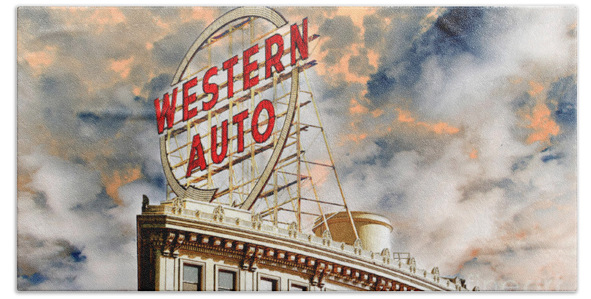 Western Auto Sign Beach Towel featuring the photograph Western Auto Sign Downtown Kansas City 2 by Andee Design