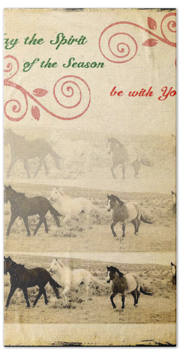 Western Beach Towel featuring the mixed media Western Themed Christmas Card Wyoming Spirit by Amanda Smith