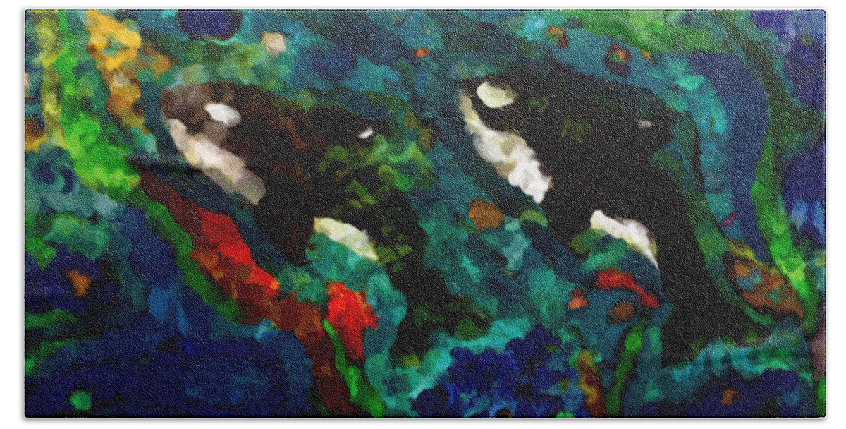 Orcas Beach Towel featuring the painting Whales At Sea - Orcas - Abstract Ink Painting by Marie Jamieson