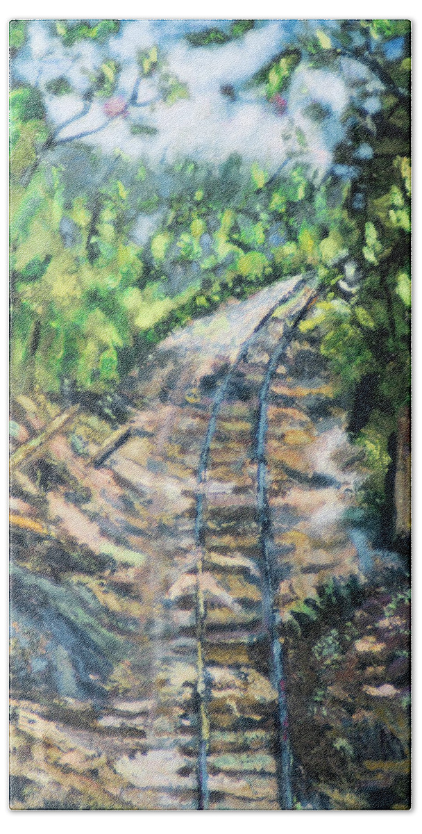Tree Path Railroad Track Rock Forest Beach Sheet featuring the painting What's Around the Bend? by Michael Daniels