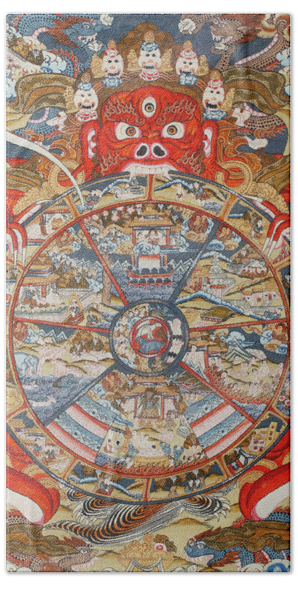 Wheel Of Life Or Wheel Of Samsara Beach Towel featuring the painting Wheel of life or wheel of Samsara by Unknown