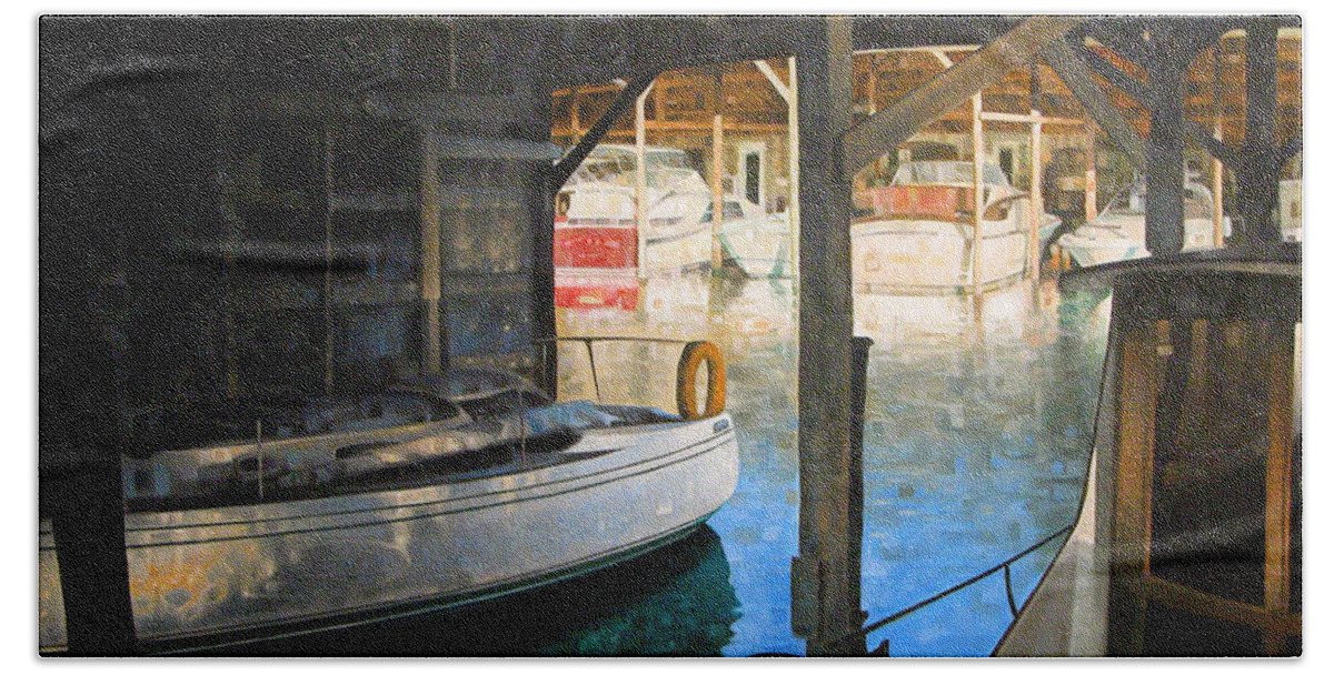 Ships Beach Towel featuring the painting Where Boats and Barnacles Dwell by T S Carson