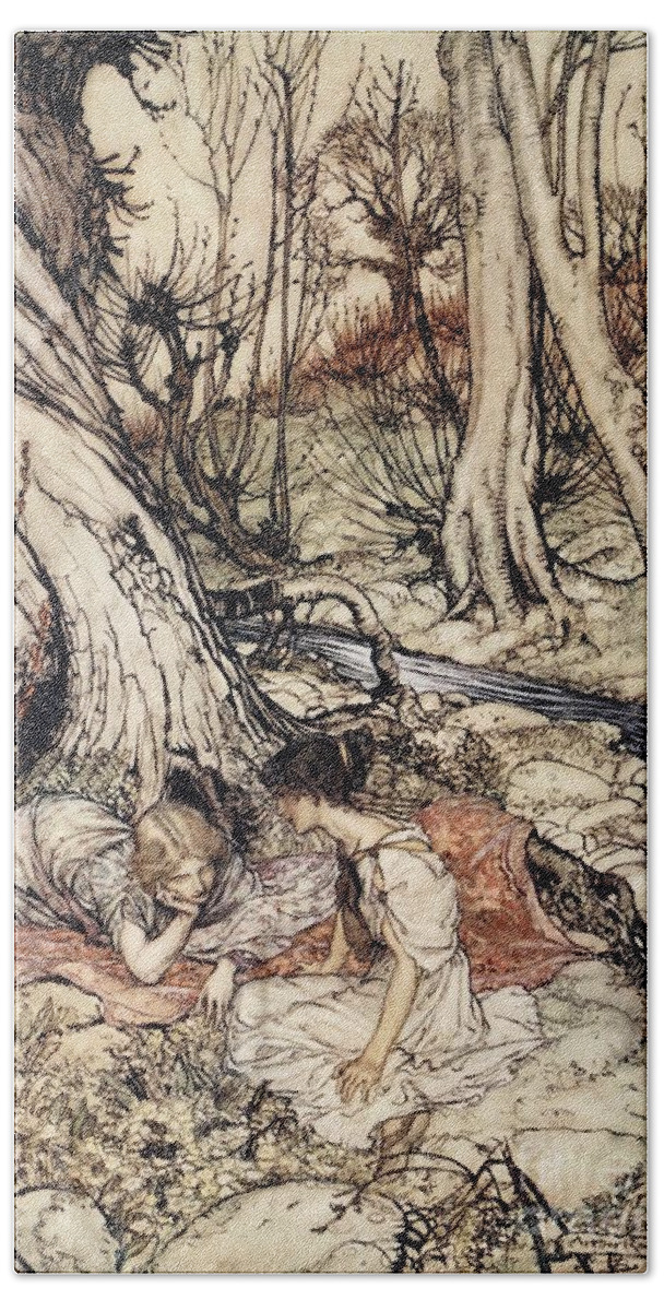 Primroses; Primrose; Friends; Friend; Female; Character; Characters; Helena; Hermia; Woods; Forest; Stream; Shakespeare Beach Towel featuring the drawing Where often you and I upon fain Primrose beds were wont to lie by Arthur Rackham