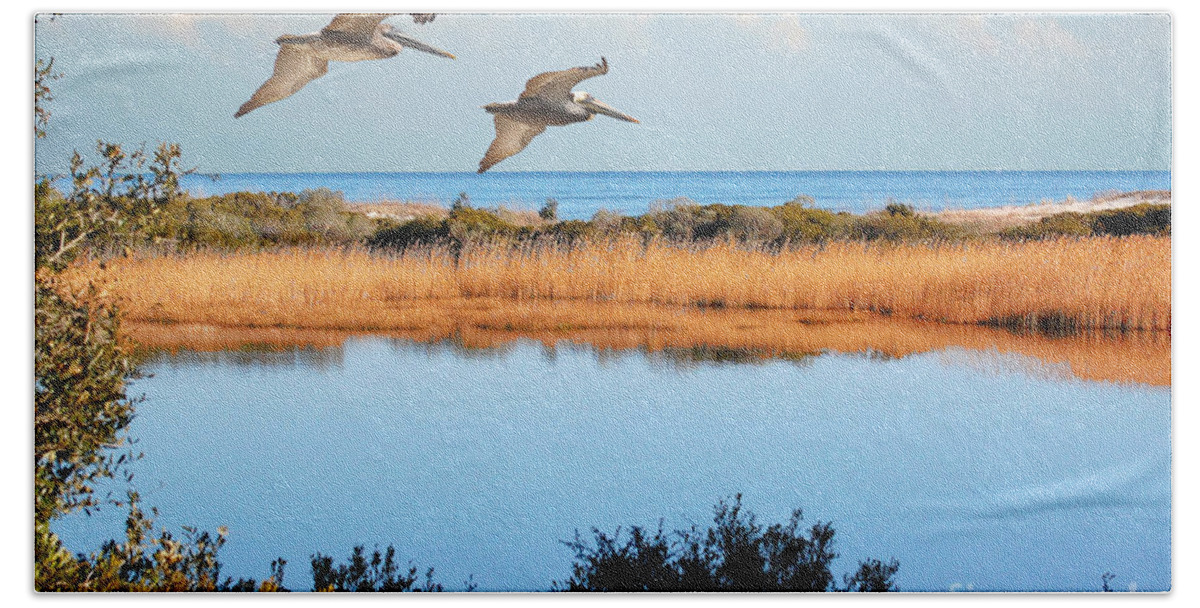 Pelicans Beach Towel featuring the photograph Where The Marsh Meets The Atlantic by Kathy Baccari