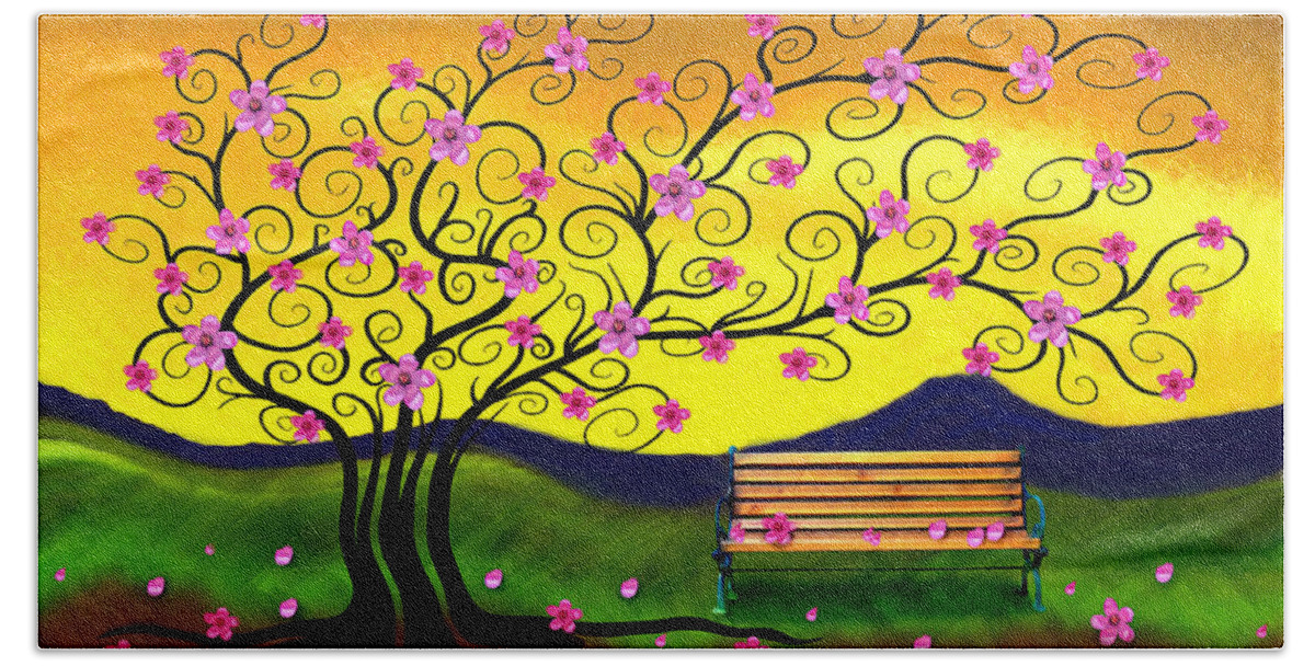 Cherry Blossom Tree Beach Towel featuring the digital art Whimsy Cherry Blossom Tree-2 by Nina Bradica