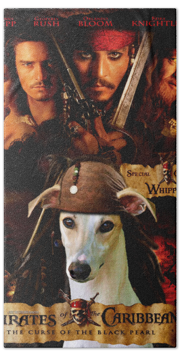 Whippet Beach Towel featuring the painting Whippet Art - Pirates of the Caribbean The Curse of the Black Pearl Movie Poster by Sandra Sij