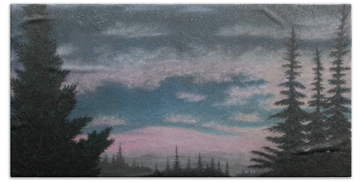 Whispering Beach Sheet featuring the pastel Whispering Pines 02 by Michael Heikkinen