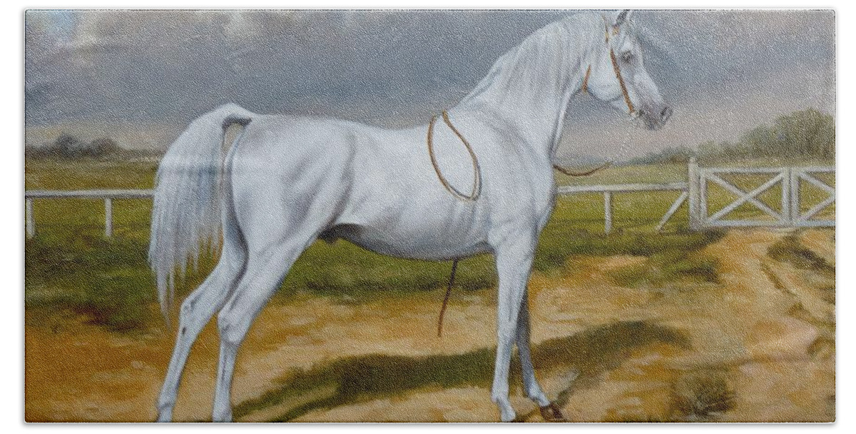 Horse Beach Towel featuring the painting White arabian stallion by Irek Szelag