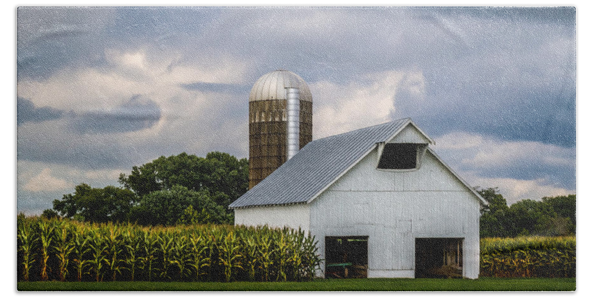 Art Beach Towel featuring the photograph White Barn and Silo with Storm Clouds by Ron Pate