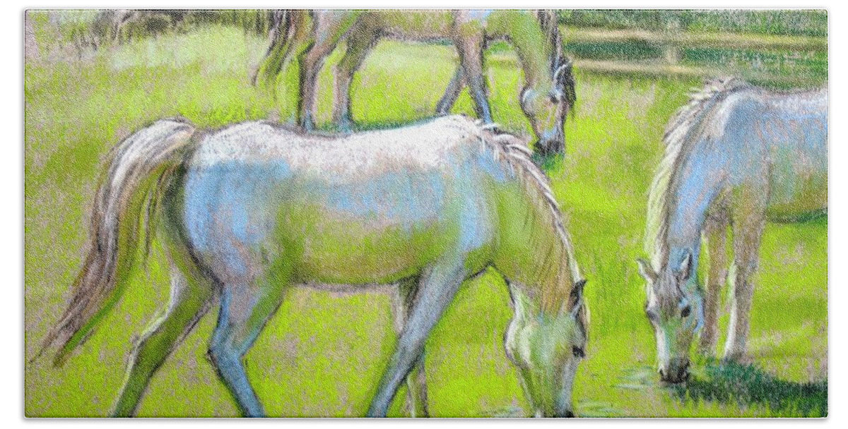 Horses Beach Towel featuring the painting White Horses Grazing by Sue Halstenberg