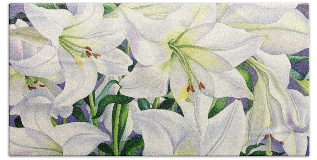 Lily Beach Towel featuring the painting White Lilies by Christopher Ryland