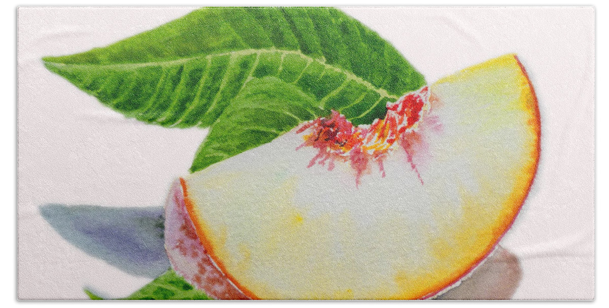 White Peach Slice Beach Towel featuring the painting White Peach Slice by Irina Sztukowski