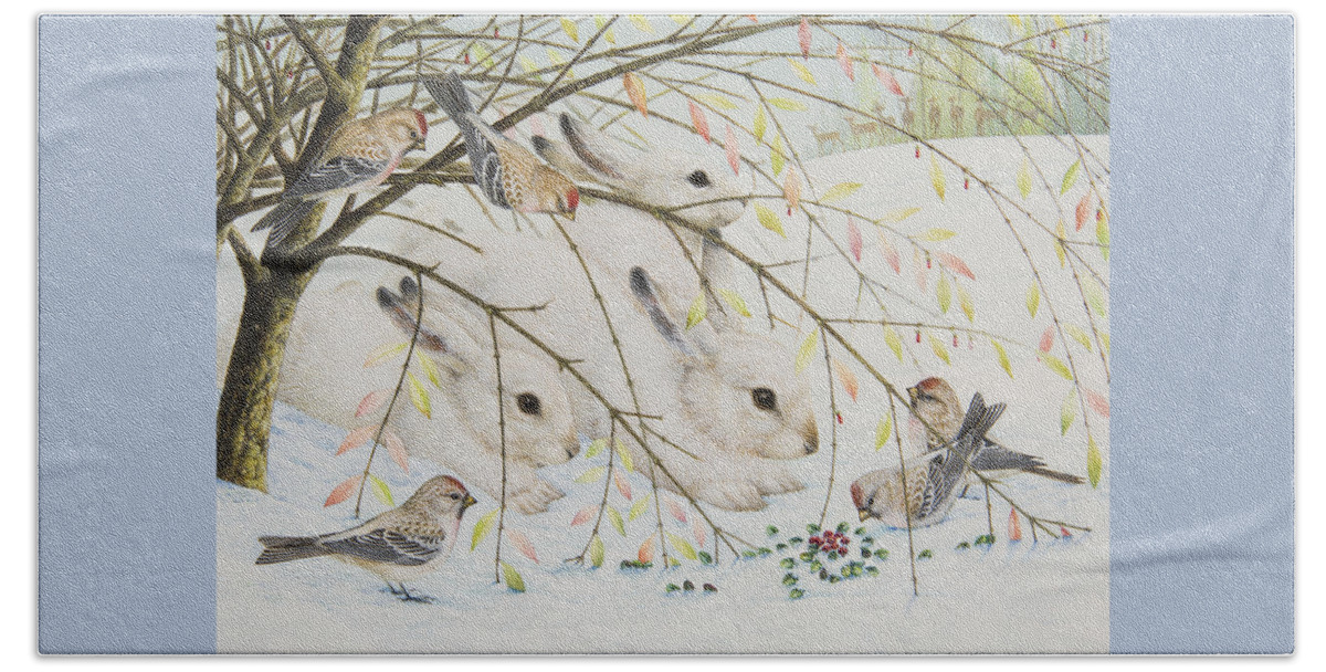 Christmas Beach Sheet featuring the painting White Rabbits by Lynn Bywaters