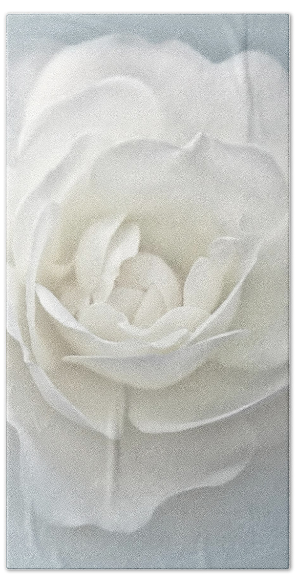 Rose Beach Towel featuring the photograph White Rose Flower Silver Blue by Jennie Marie Schell