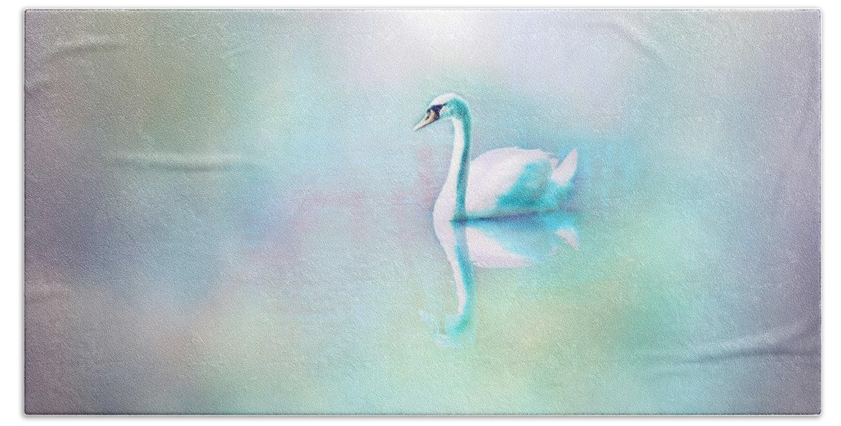 White Swan Beach Towel featuring the digital art White Swan in the fog by Lilia D