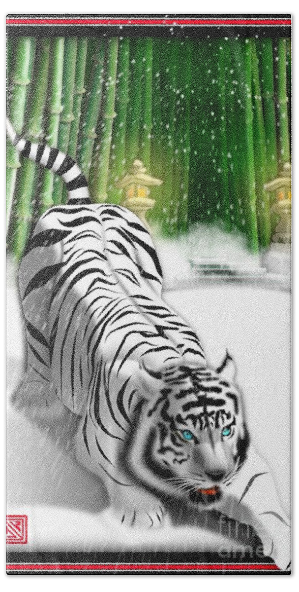 White Tiger Bamboo Mystical Forest China Bamboo Digital Tiger Painting Tiger Print White Tiger Snow Tiger Ancient Bamboo Forest Protective Tiger Defending Tiger Digital Tiger And Bamboo Bengal Tiger Painting Beach Sheet featuring the digital art White Tiger Guardian by John Wills