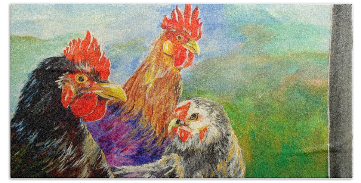 Original Chicken Painting Beach Sheet featuring the painting Whose Egg isThat by Cheryl Nancy Ann Gordon
