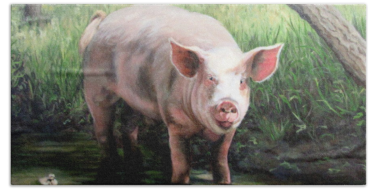 Pig Beach Sheet featuring the painting Wilbur in His Woods by Sandra Chase