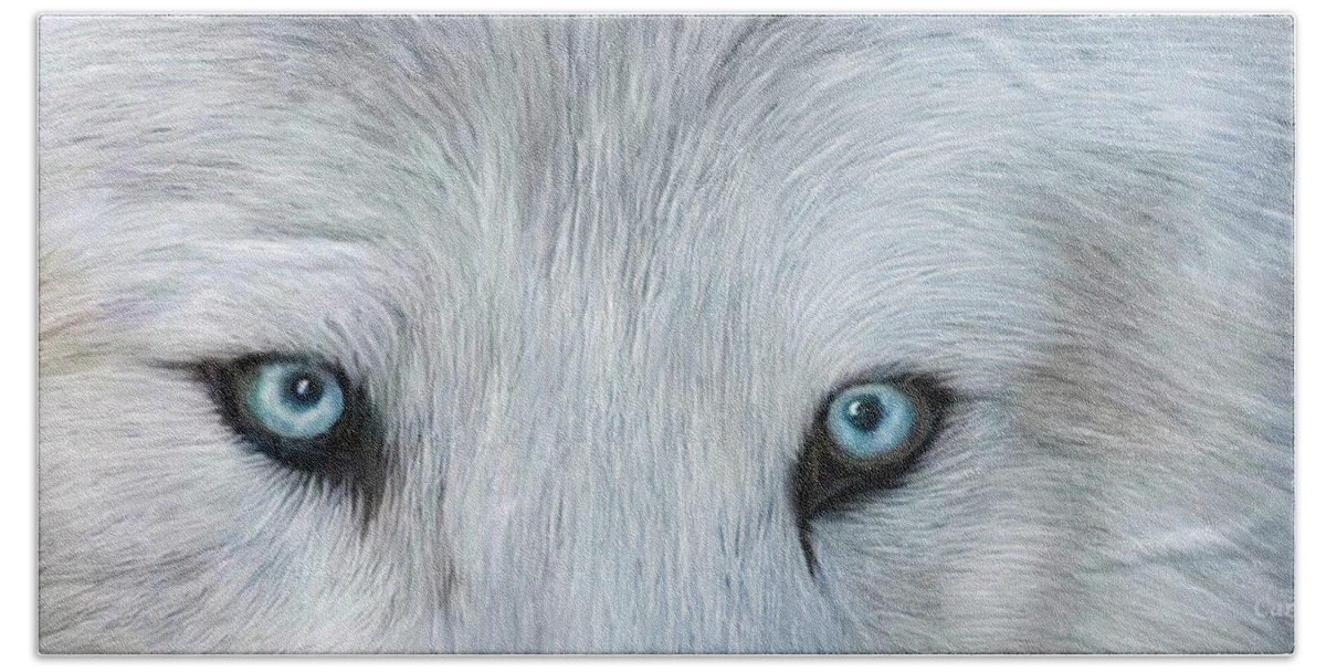 Wolf Beach Towel featuring the mixed media Wild Eyes - White Wolf by Carol Cavalaris