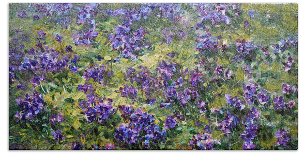 Violets Beach Towel featuring the painting Wild Violets by Ylli Haruni