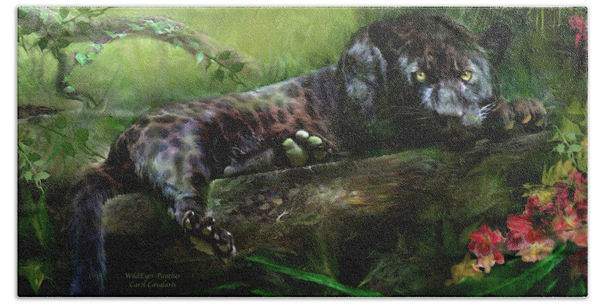Panther Beach Towel featuring the mixed media WildEyes - Panther by Carol Cavalaris